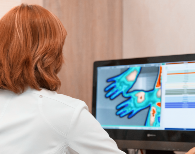 A woman is looking at a computer screen with a picture of a hand on it