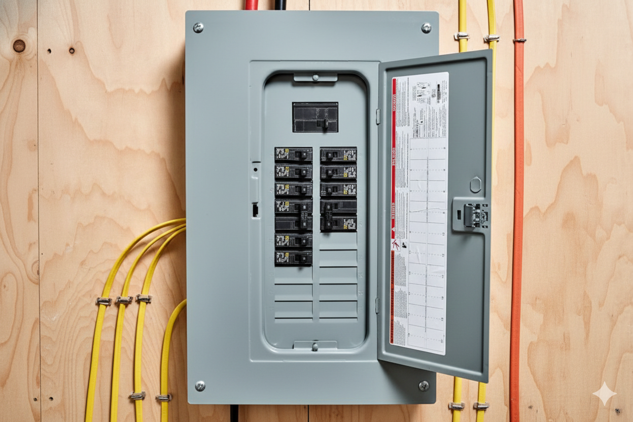 Gray electrical panel with open door, revealing circuit breakers and wiring on a wood wall.