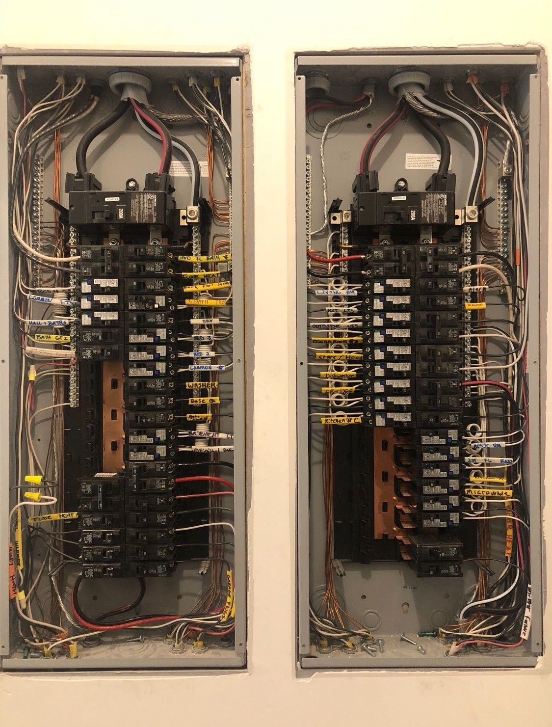 Gray electrical panel with open doors, wiring, and meter on a gray building.