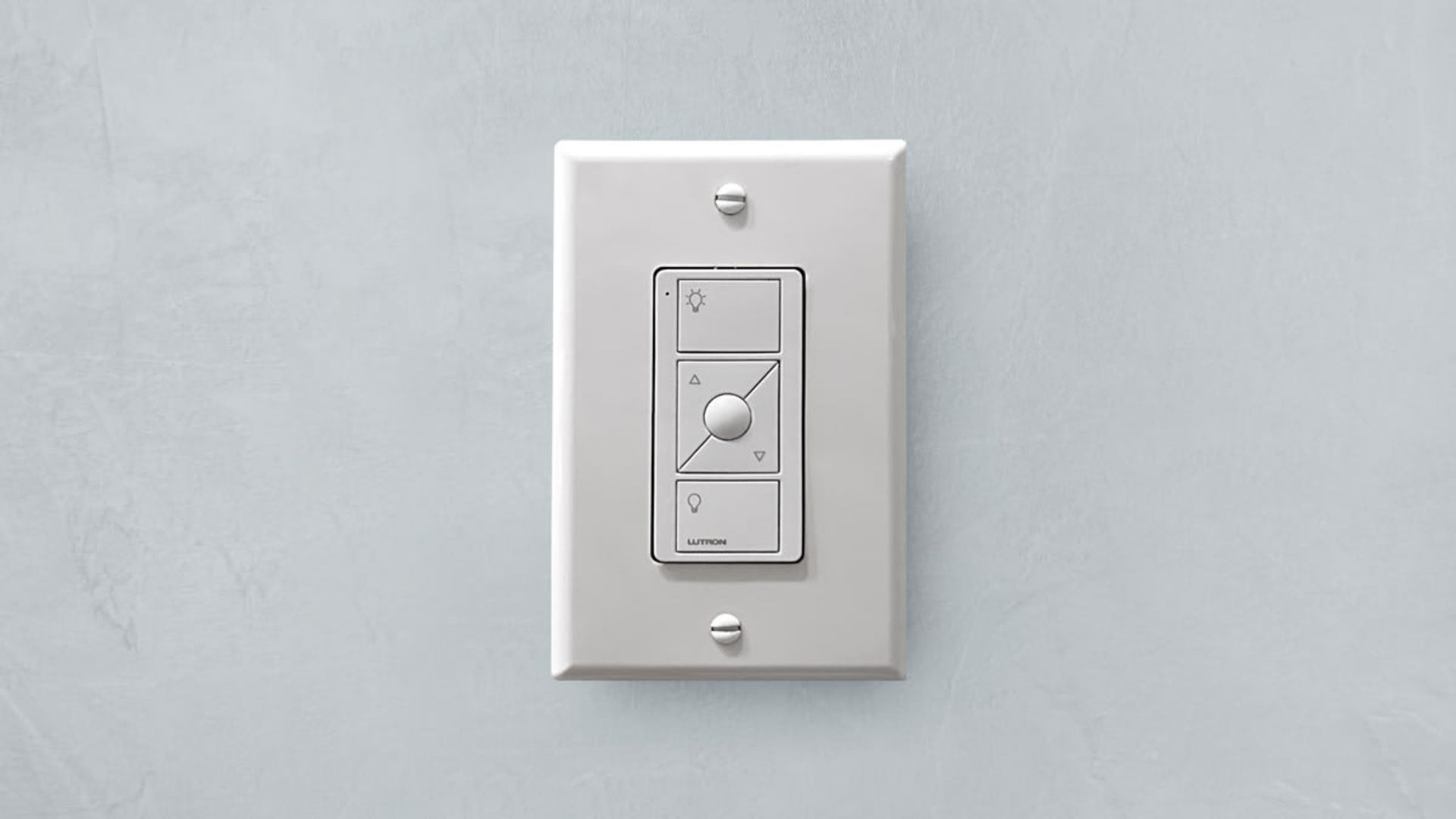 White wall switch and dimmer plate, mounted on a light gray wall.