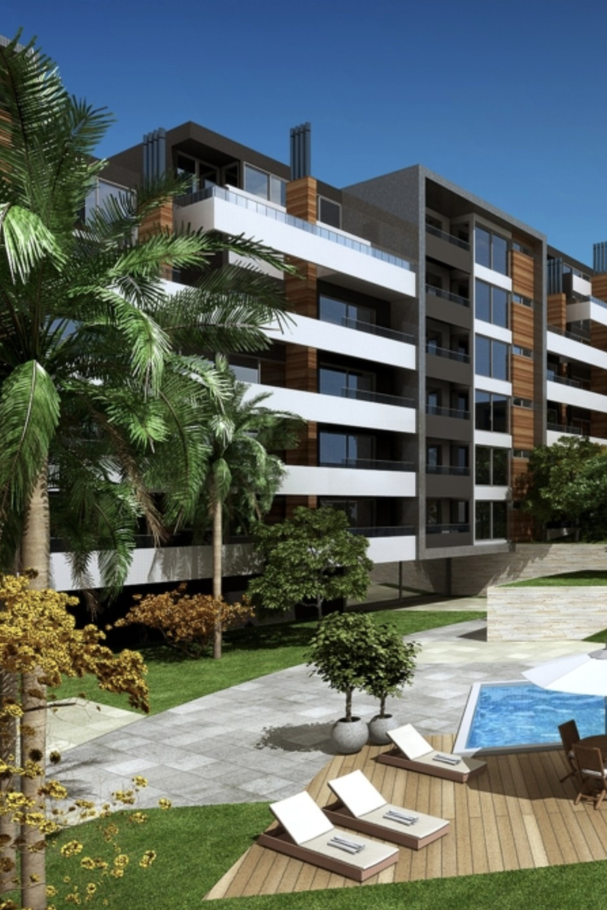 Impressão artística de um edifício com uma piscina na frenteVAGA55