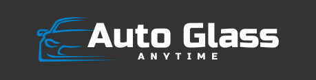 A logo for auto glass anytime with a car in the background.