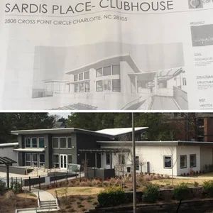 Comparison of building design concept and actual clubhouse: Sardis Place Clubhouse, Charlotte, NC.
