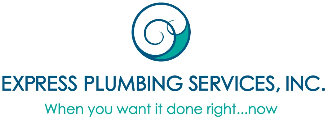 Express Plumbing Services logo: blue circle with swirl design, teal text.