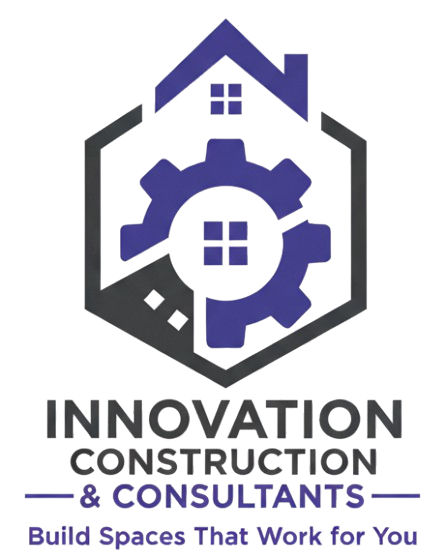 Logo: Hexagon with house, gear, and text "Innovation Construction & Consultants."
