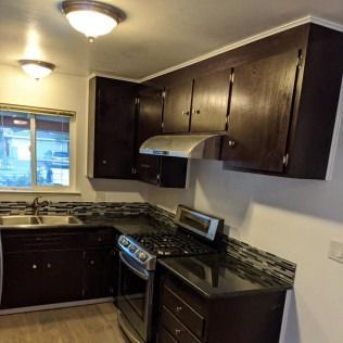 Dark-brown kitchen cabinets, stove, and countertop.  Window, stainless hood, and lights.