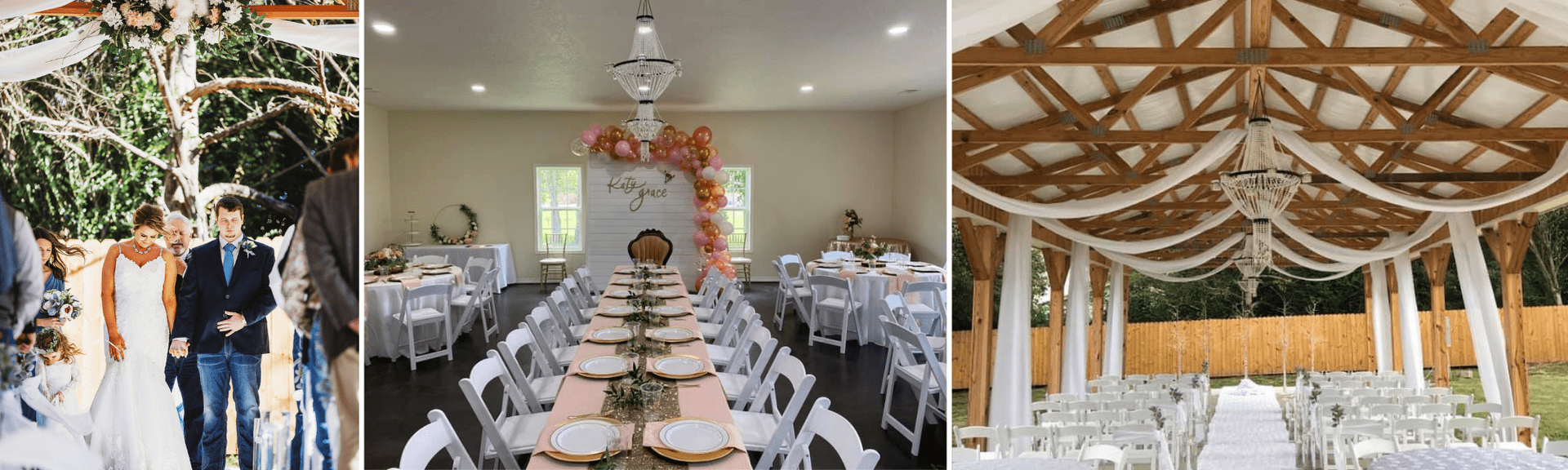 Elegant wedding reception setup with white chairs, floral garlands, and long banquet tables under a decorated wooden canopy