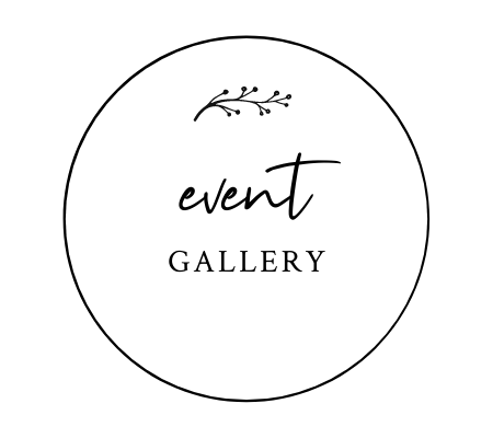 Logo with a circular border, floral sprig, and the words “event GALLERY” on a white background