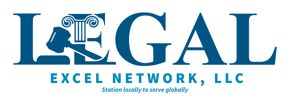 A blue and white logo for legal excel network llc