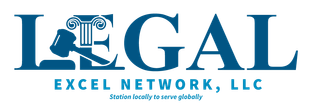 A blue and white logo for legal excel network llc