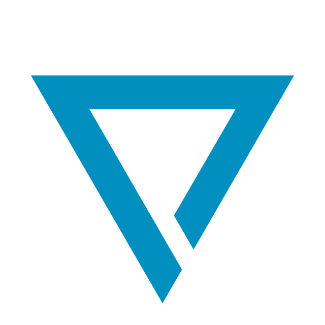 A geometric logo featuring a dark grey hexagon containing a blue and white inverted triangle.