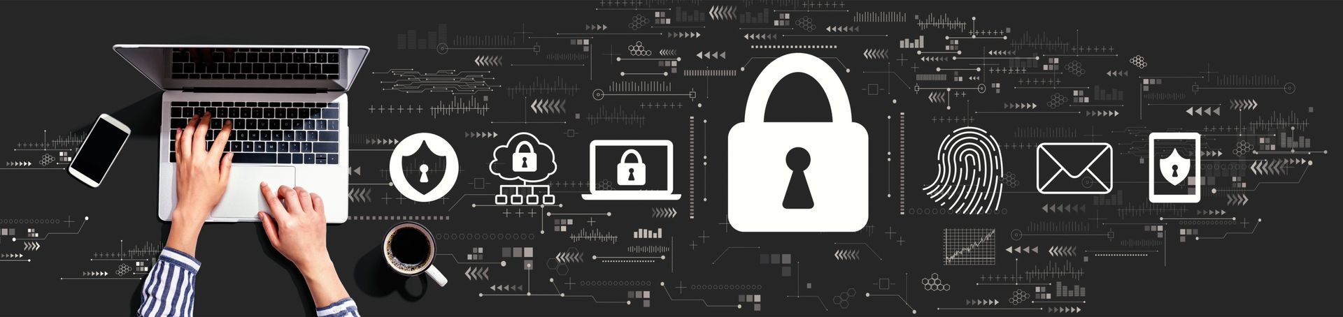 Cybersecurity-Konzept mit Laptop, Schloss-Symbolen und digitalen Sicherheits