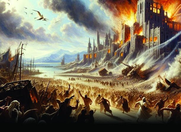 Cena de batalha com figuras em fuga diante de uma cidade fortificada em chamas sob um céu tempestuoso e esfumaçado.