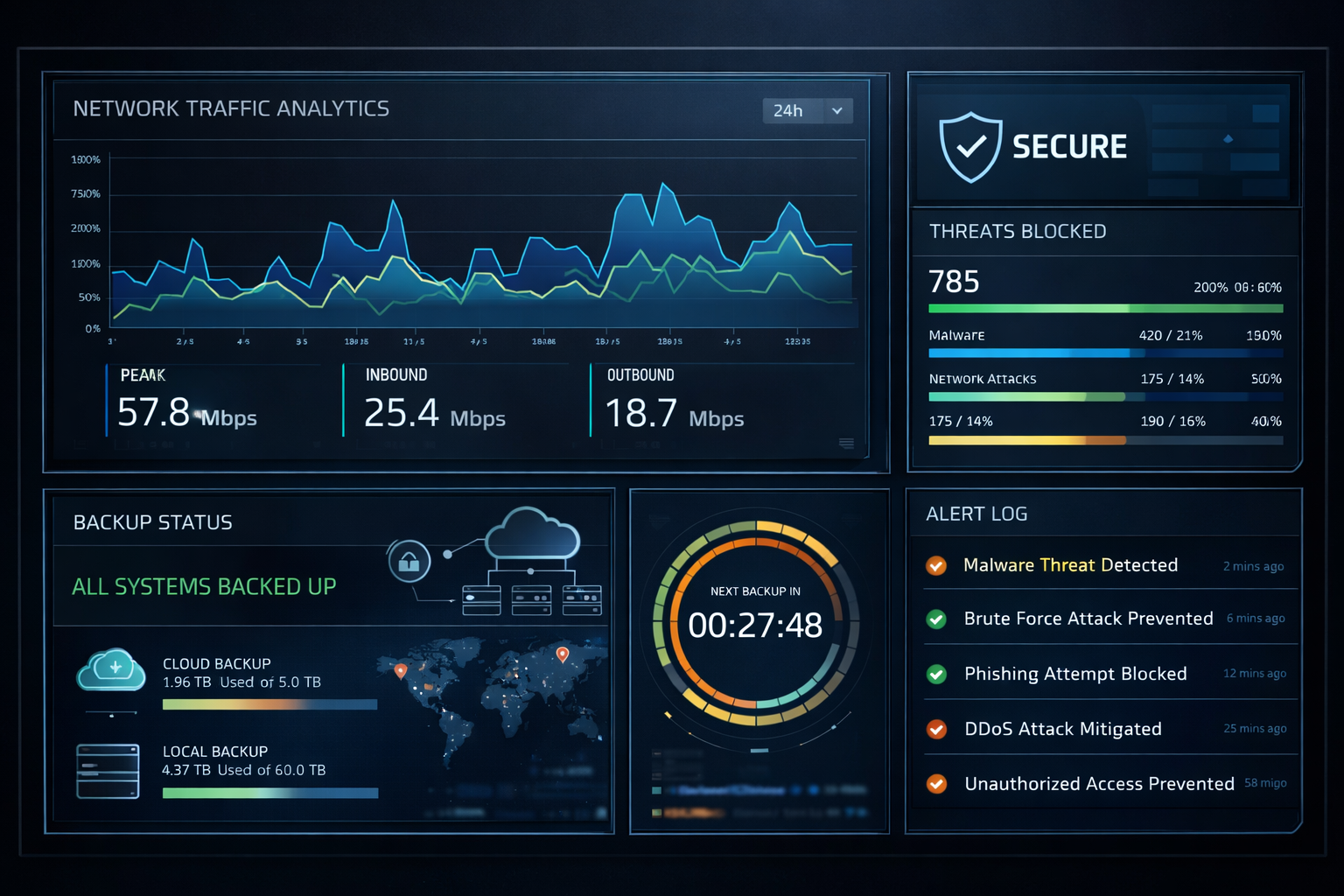 A digital security dashboard displaying network traffic graphs, system backup status, threat alerts, and a secure status.