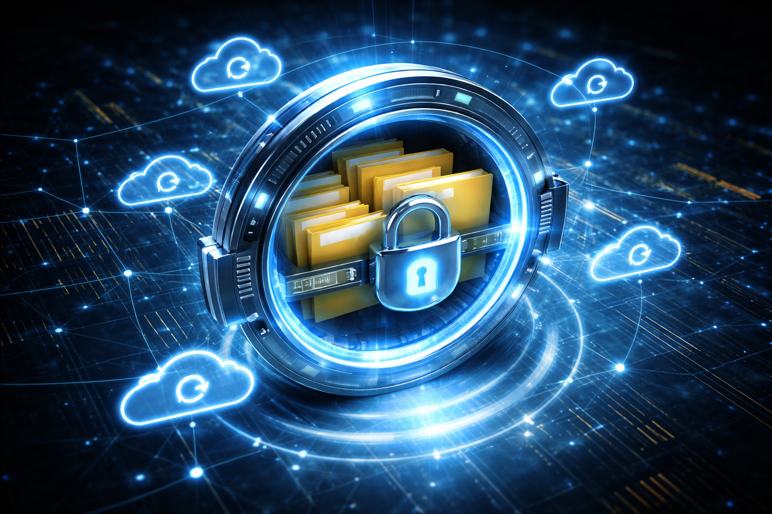 A locked folder inside a glowing blue circular digital ring, surrounded by floating cloud icons on a dark tech background.