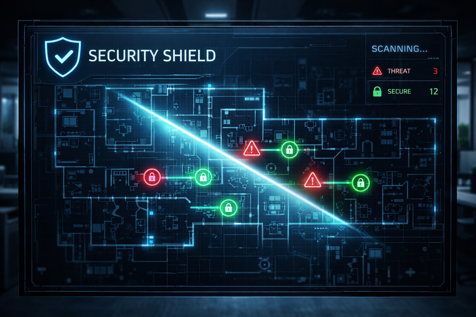 A digital security dashboard with a glowing blue floor plan, status icons, and warning triangles on a dark background.