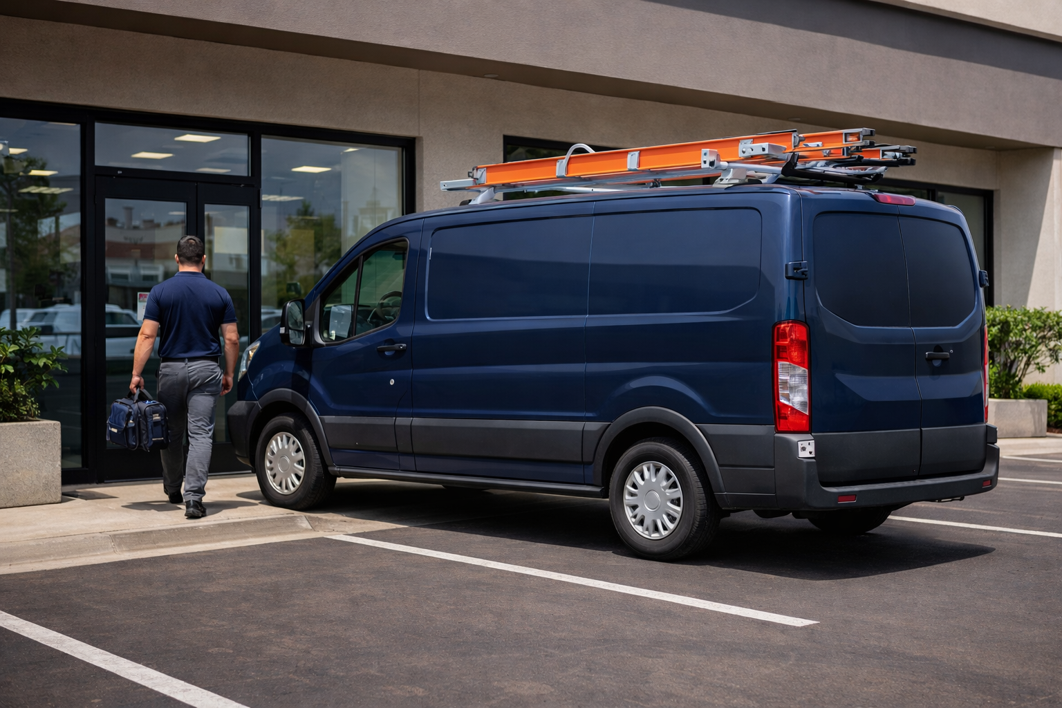 A dark blue work van with a roof ladder rack parked in front of a commercial building as a technician enters the door.