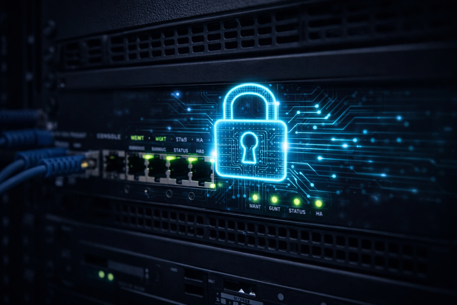 A glowing digital lock icon superimposed over a network server rack with blinking green status lights.