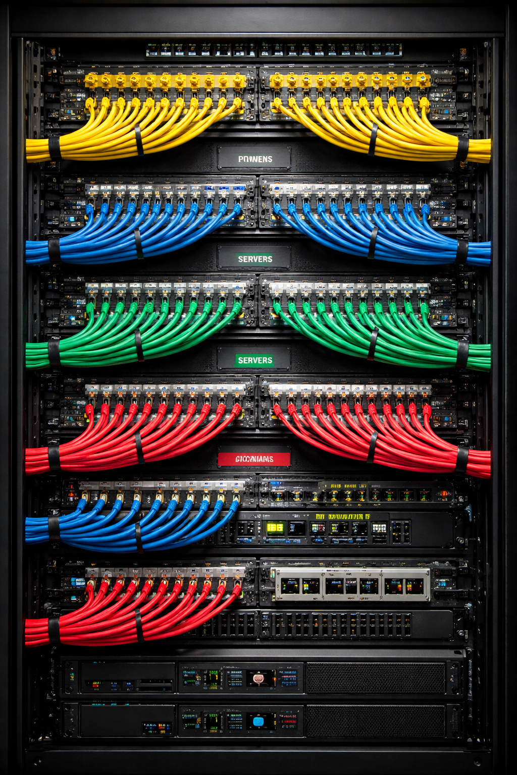 A network server rack with organized yellow, blue, green, and red cables connected to patch panels and network equipment.