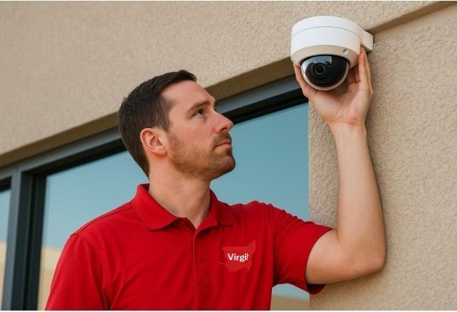 A technician wearing a navy polo and cap uses a screwdriver to mount a white security camera to a wall in an office.