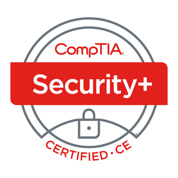 A CompTIA Security+ CE certification logo featuring a red horizontal bar with white text inside a circular grey border.