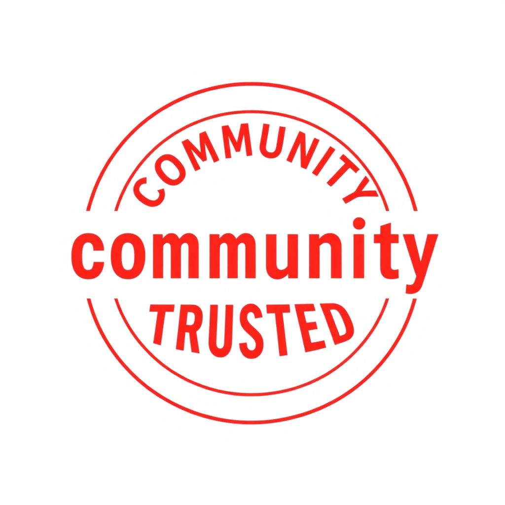 A red circular stamp graphic with the word