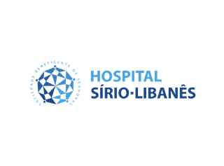 Logo of Hospital Sírio-Libanês: blue geometric design with text "HOSPITAL Sírio-Libanês" on white background.