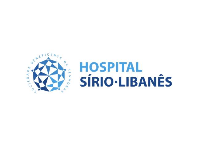 Logo of Hospital Sírio-Libanês: blue geometric design with text "HOSPITAL Sírio-Libanês" on white background.