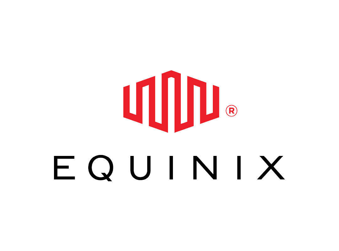 Logotipo da Equinix: design geométrico vermelho acima do nome da empresa em fonte preta.
