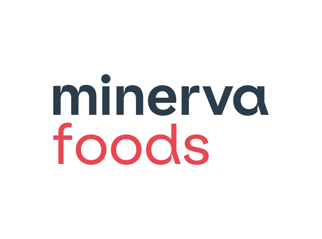 Logotipo da Minerva Foods: "Minerva" azul escuro acima de "foods" vermelho.