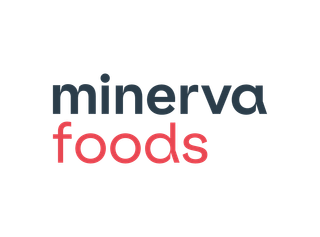 Logotipo da Minerva Foods: "Minerva" azul escuro acima de "foods" vermelho.