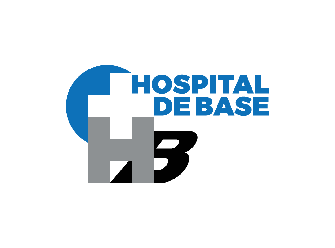 Logotipo do Hospital de Base, com um círculo azul e uma cruz branca sobre "HB" cinza e preto com o texto "HOSPITAL DE BASE".