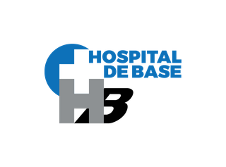 Logotipo do Hospital de Base, com um círculo azul e uma cruz branca sobre "HB" cinza e preto com o texto "HOSPITAL DE BASE".