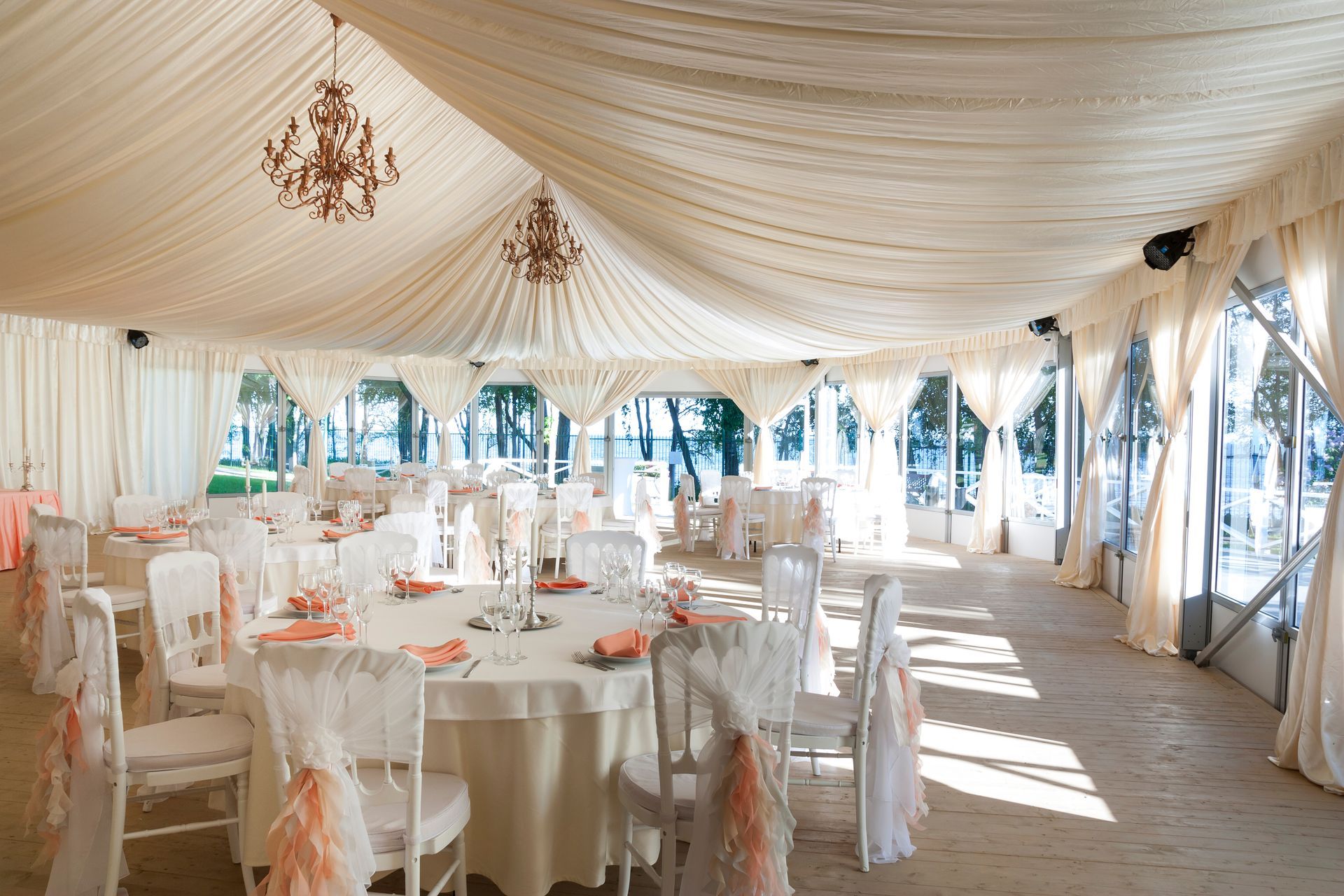 Inside a light-filled event tent