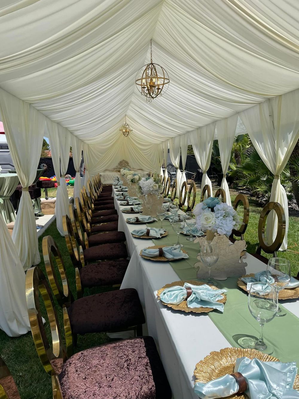 Long outdoor dining table set