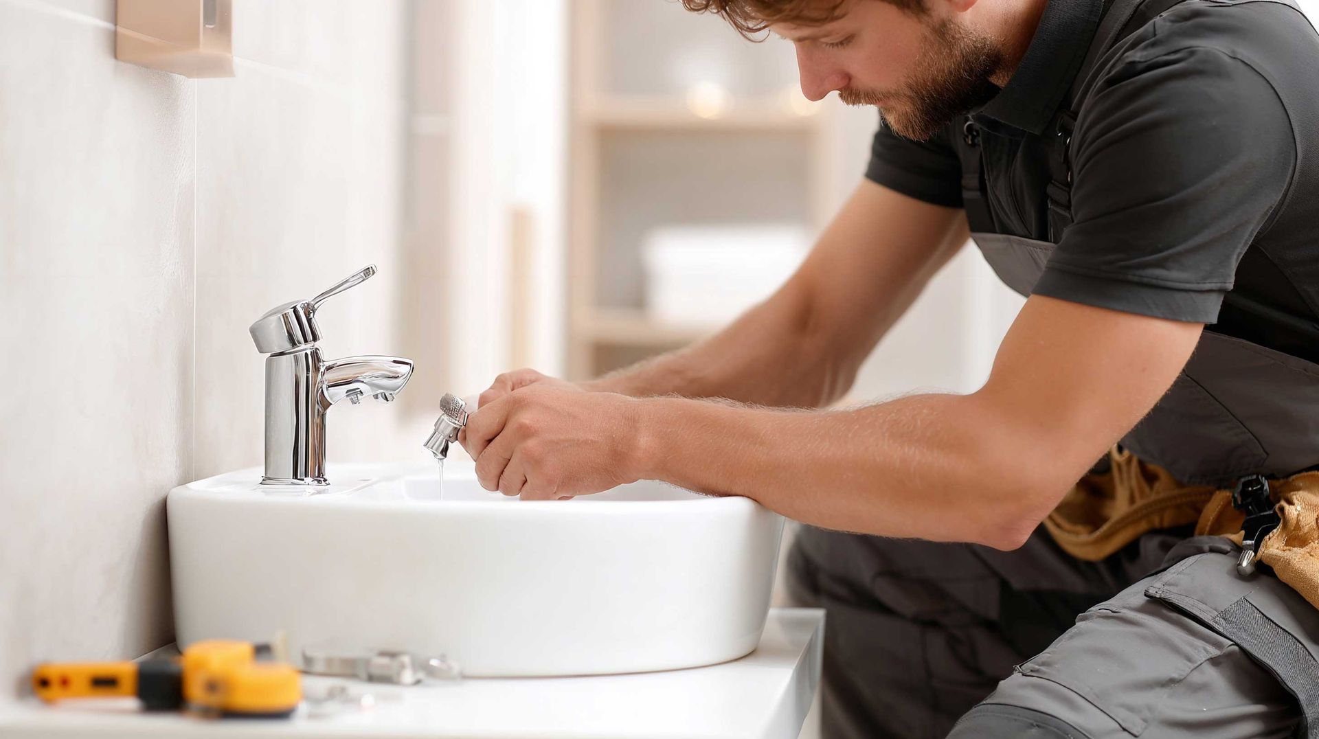 Local home inspector checking bathroom sink water flow during residential property inspection. Local home inspector checking bathroom sink water flow during residential property inspection.