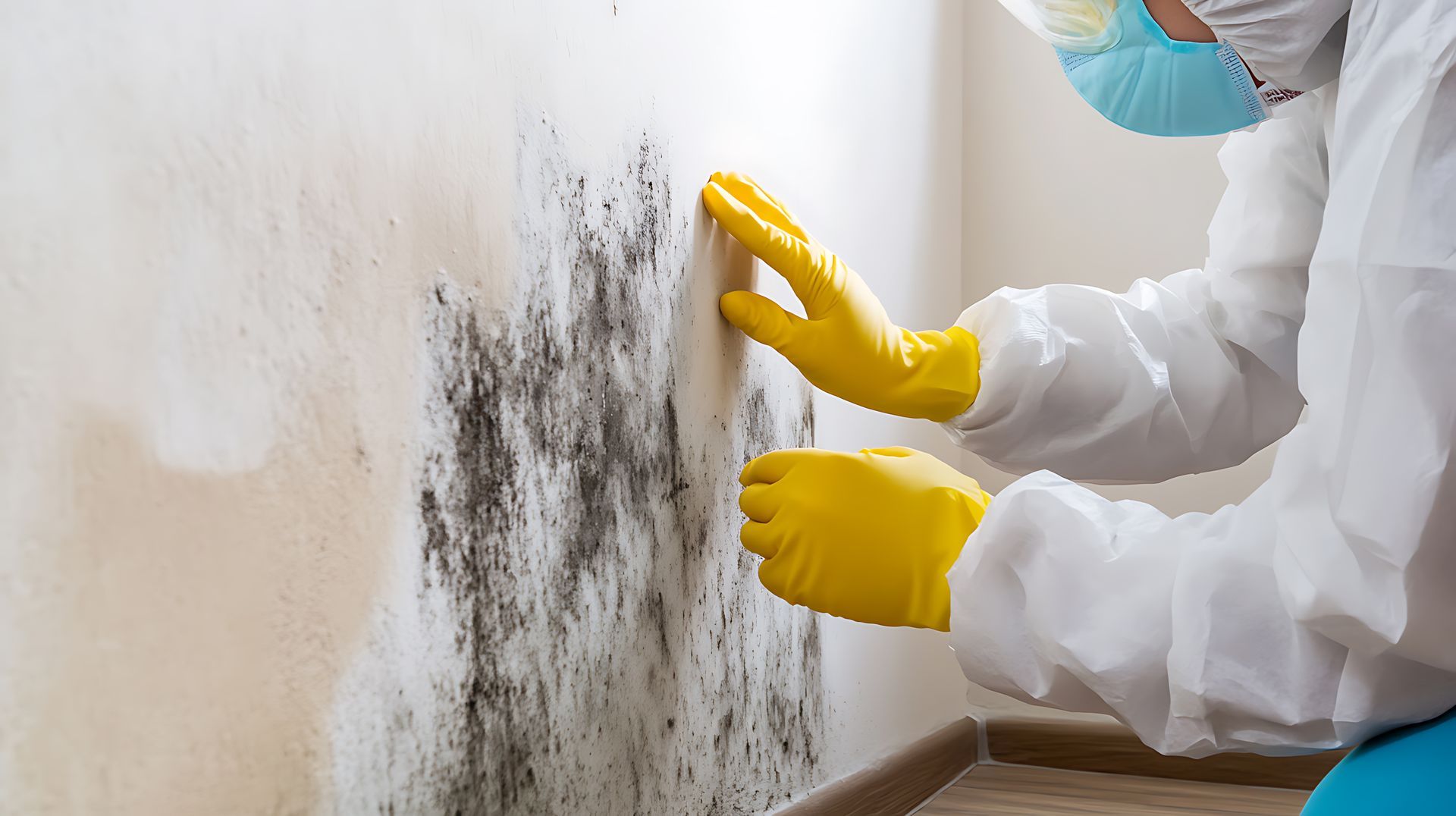 Person in protective gear inspecting black mold on an interior wall.
