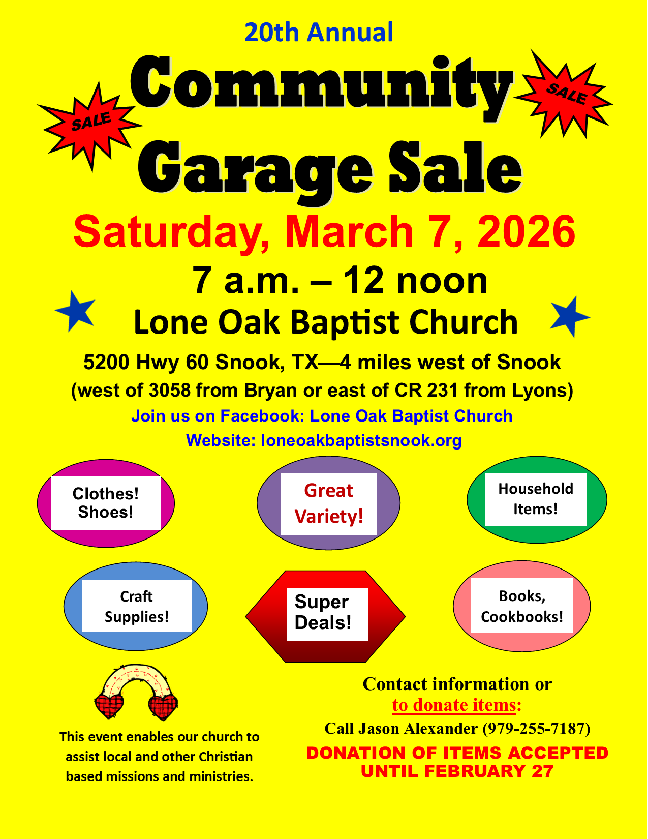 Community garage sale flyer at Lone Oak Baptist Church on March 7, 2026, with listed items and contact info.