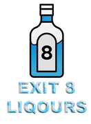 Exit 8 Liquors Logo - White and Blue Liquor Bottle with Number 8