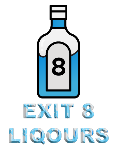 Exit 8 Liquors Logo - White and Blue Liquor Bottle with Number 8