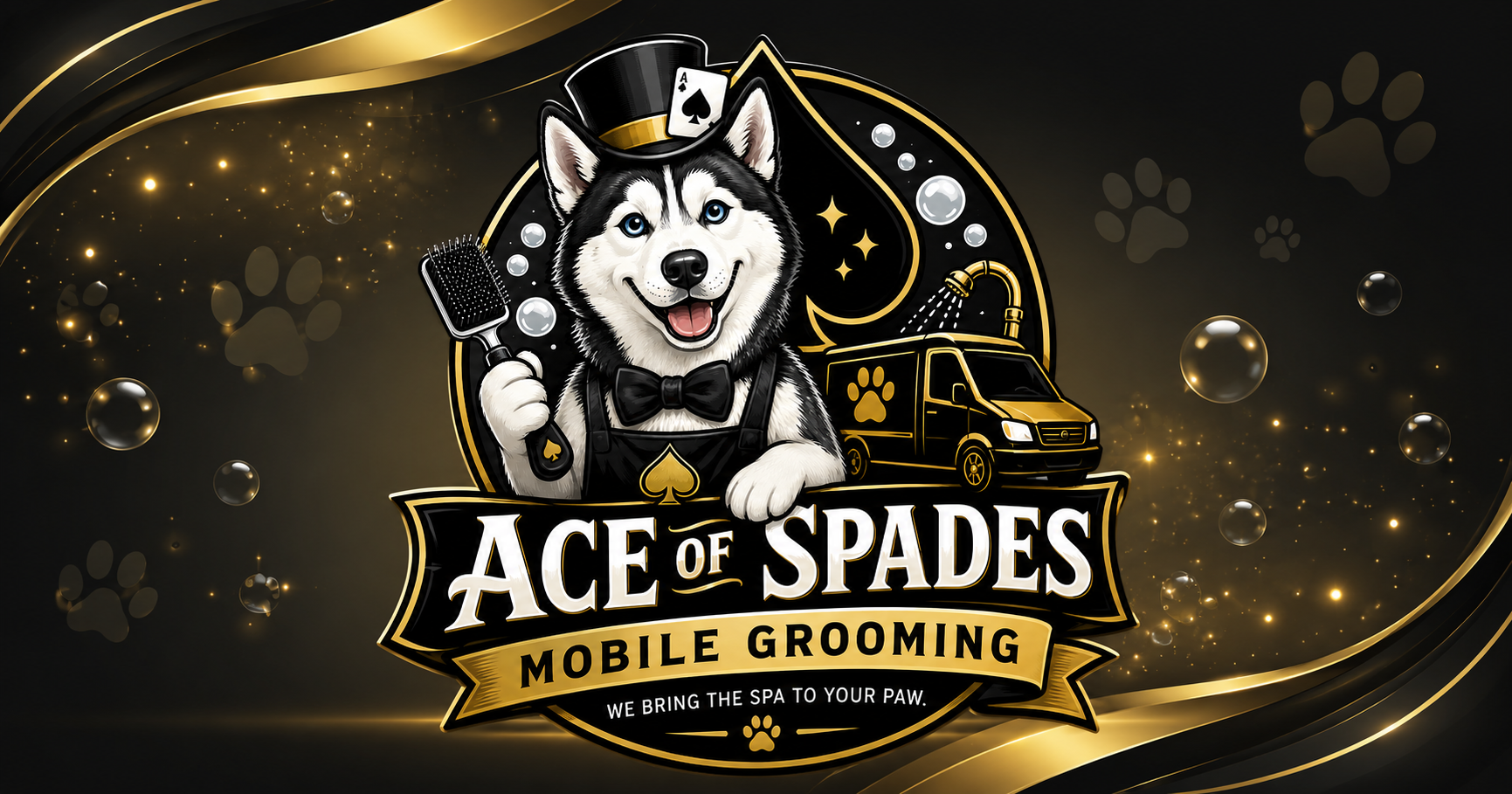 Ace of Spades Mobile Grooming logo with a smiling husky in a top hat on a black-and-gold background