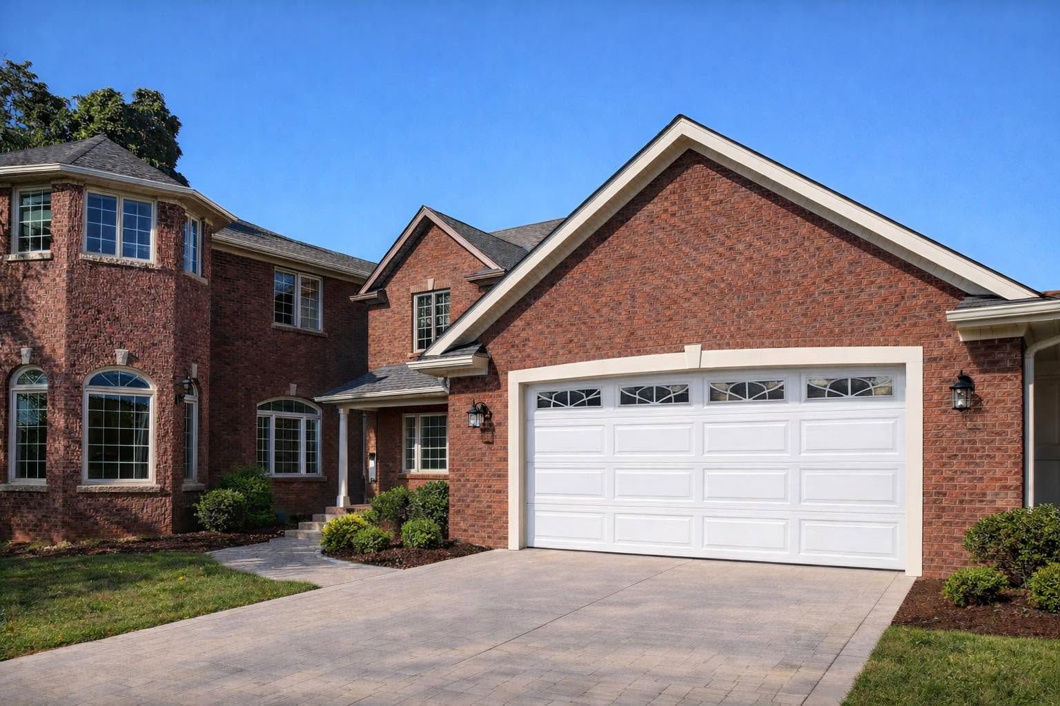 white garage door with windows on brick home