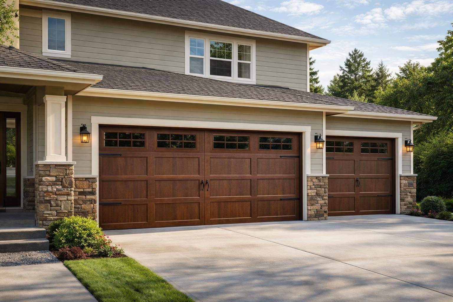 wooden carriage style garage door on home