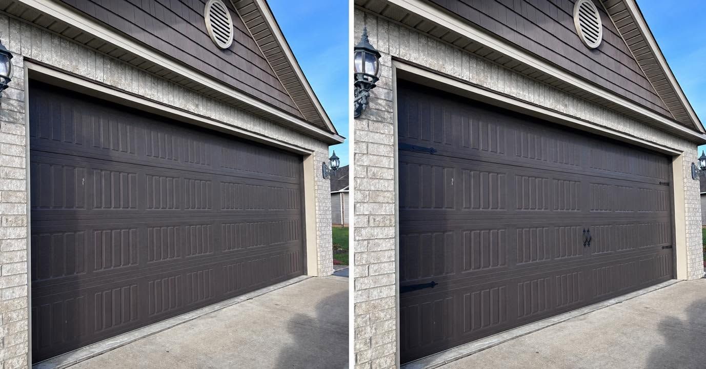 brown steel garage door with deorative hinges