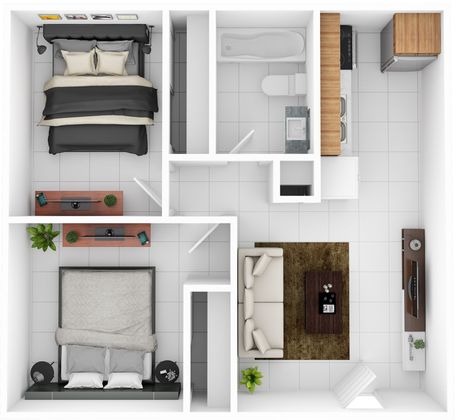 Top-down view of a small apartment layout. Bedroom, kitchen, living/dining area with furniture. White walls, tile floor.
