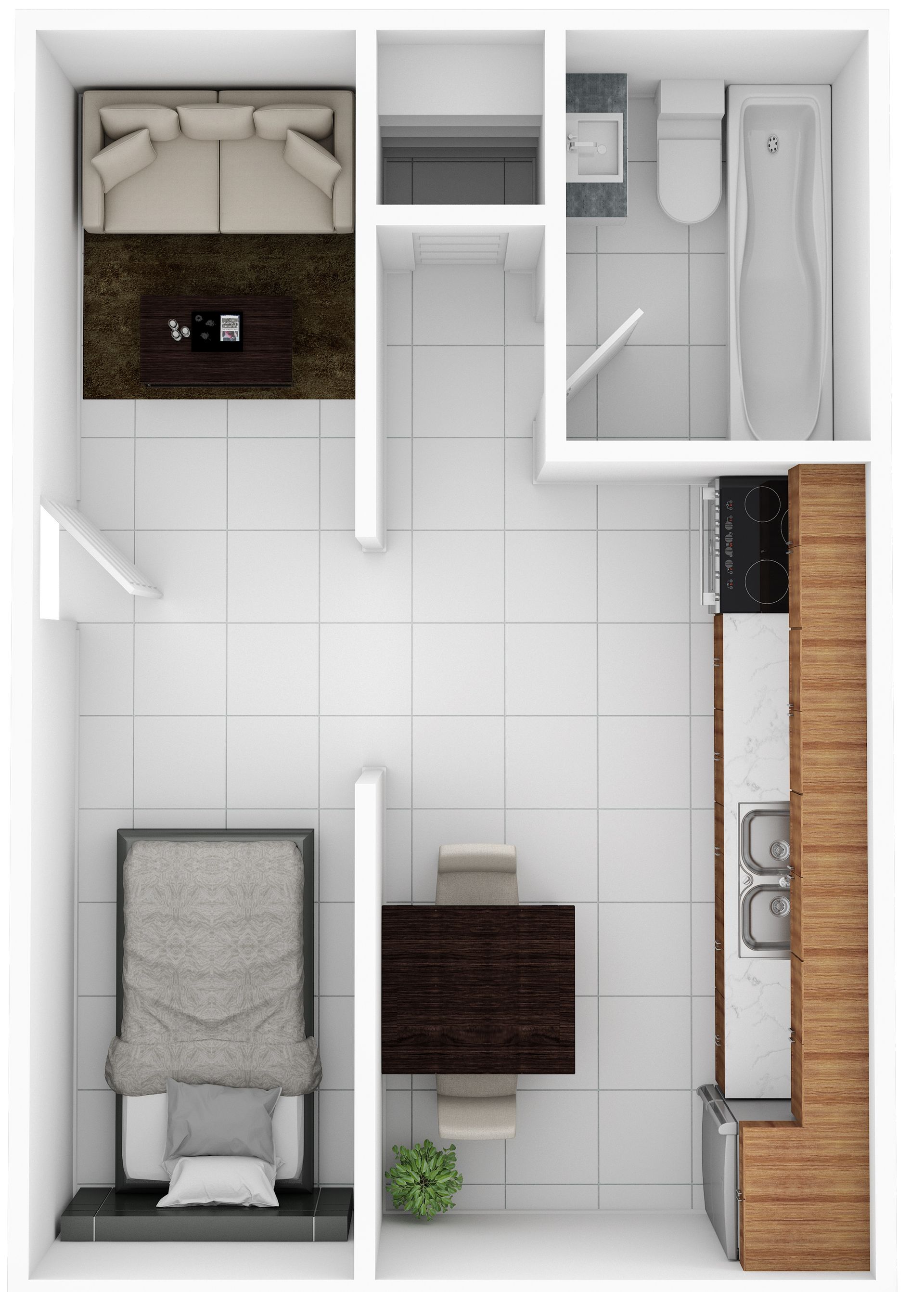 Floor plan of a studio apartment: living area, kitchen, bathroom, and bedroom with furniture.