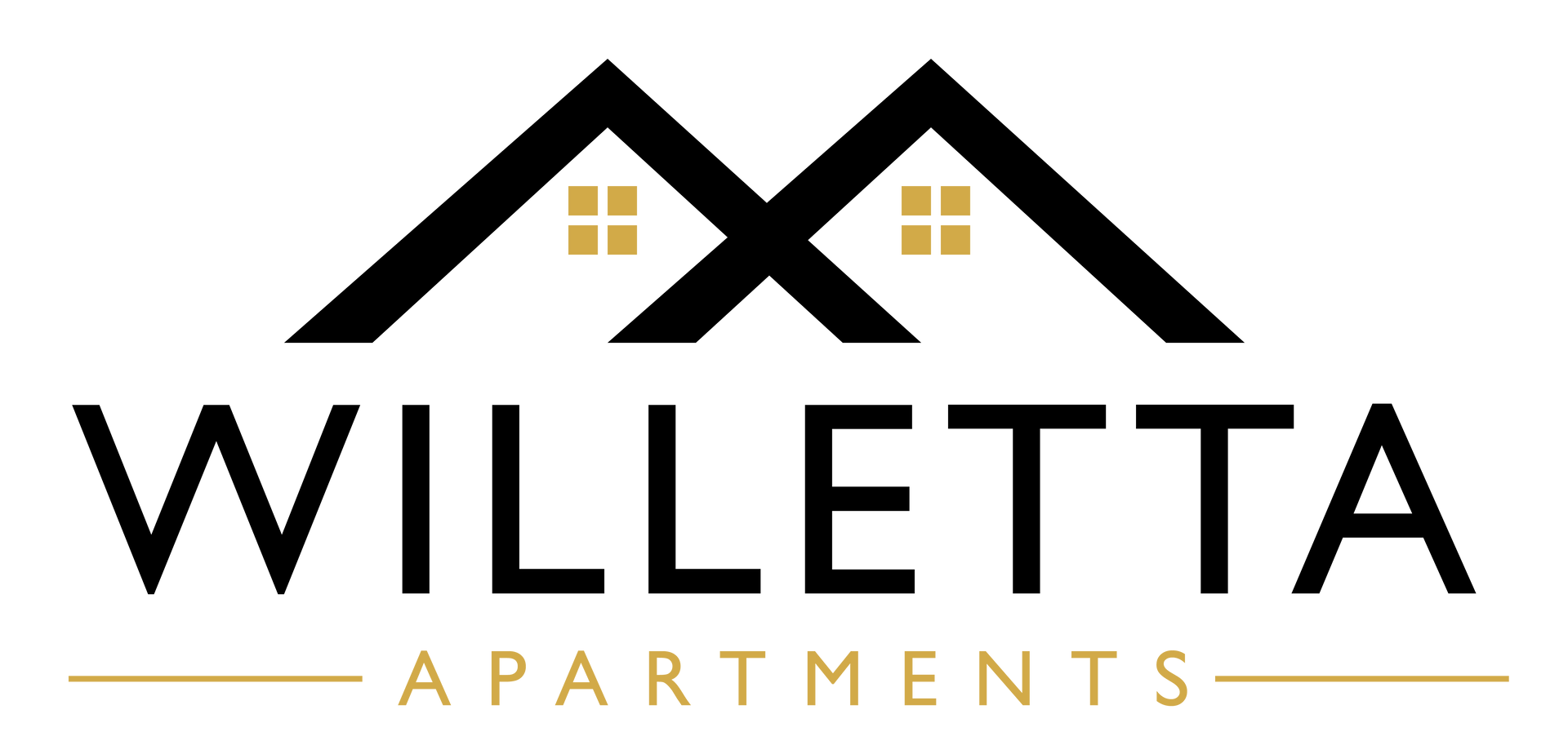 Logo for Willetta Apartments: black rooftops above the name, with a gold line and text 