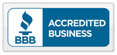 BBB Accredited Business badge. White flame logo and "BBB" on white field, blue text on blue field.