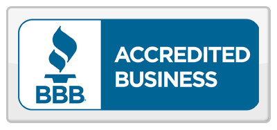 BBB Accredited Business badge. White flame logo and "BBB" on white field, blue text on blue field.