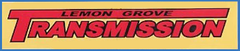 Logo for Lemon Grove Transmission in red and black on a yellow background with a blue border.